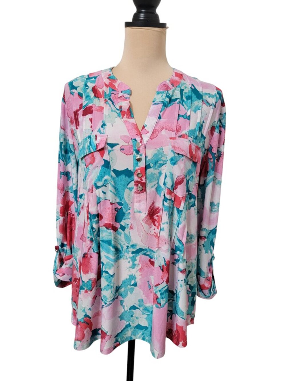 Juniper + Lime Size L Pink, Teal & White Watercolor Floral Blouse